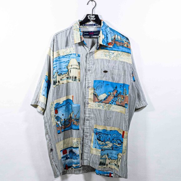 Phat Farm Japanese Art AOP Short Sleeve Button Shirt XXL VTG 90s Y2K Hip Hop - Picture 1 of 7